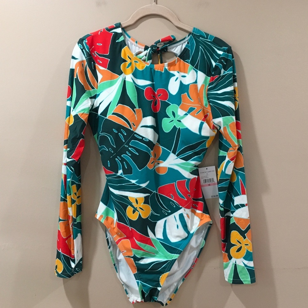 Vince Camuto Women's 10 Tropical Floral Long Sleeve Open Back One Piece Swimsuit